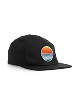 Dawn Patrol 5 Panel Cap in black - a designer baseball cap by Sutsu with sun, sea and birds circular woven badge.