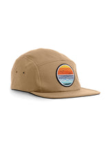 Dawn Patrol 5 Panel Cap in sand brown - a designer baseball cap by Sutsu with sun, sea and birds circular woven badge.