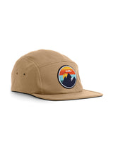 Mountains & All 5 Panel Cap - beige - Sutsu sustainable cotton baseball cap with mountain, sky, birds and cloud badge.