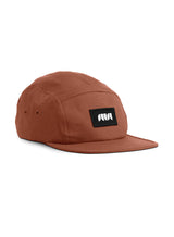 OG Badge 5 Panel Brown Cap - a sustainable cap by Sutsu with an abstract logo.