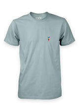 Bolt EMB T-Shirt by Sutsu - a pale green organic cotton t-shirt with embroidered lightning bolt logo - flat lay, studio photo.