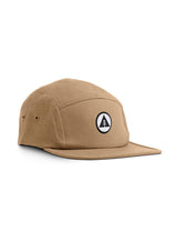 Sutsu Mountain Circle 5 Panel Cap - sand baseball cap on white background - sustainable headwear with circle, triangle and tree badge.