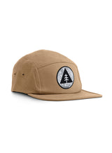Mountain Circle Topography 5 Panel Cap - beige cap on white background - with circle, triangle, tree and contour lines badge.