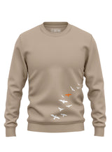 Sutsu Fly Away Sweatshirt - organic cotton sweaters in beige with a flying birds graphic to lower body.