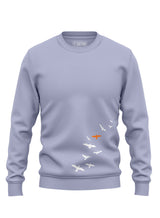 Sutsu Fly Away Sweatshirt - organic cotton sweaters in lavender lilac with a flying birds graphic to lower body.