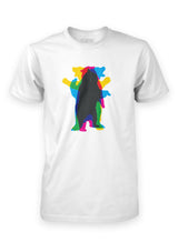 Sutsu Dancing Bear T-Shirt - a white, organic cotton shirt with kaleidoscopic bear graphic design.