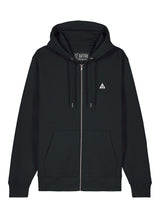 Sutsu Wylder Woven Badge Zip Hoodie - a black organic cotton hoodie with embroidered sun and trees triangular badge logo.