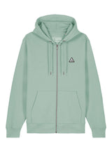 Sutsu Wylder Woven Badge Zip Hoodie - an organic hoodie in slade green with embroidered sun and trees triangular badge logo.