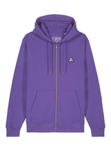 Sutsu Wylder Woven Badge Zip Hoodie - an organic hoodie in purple haze with embroidered sun and trees triangular badge logo.