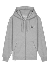 Sutsu Wylder Woven Badge Zip Hoodie - a heather grey organic cotton hoodie with embroidered sun and trees triangular badge logo.