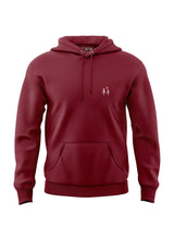 Studio photo of a Two Trees EMB Hoodie - a wine red pullover hoodie from Sutsu with trees and sun embroidered logo.
