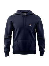 Studio photo of a Two Trees EMB Hoodie - a navy pullover hoodie from Sutsu with trees and sun embroidered logo.