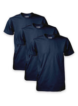 3 Sutsu Long Haul 175gsm navy t-shirts - organic cotton crewneck tees with subtle hem tag branding sold in packs.