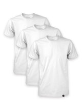 3 Sutsu Long Haul 175gsm white t-shirts - organic cotton crewneck tees with subtle hem tag branding sold in packs.