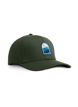 Sutsu Blue Mountain Ranger Cap - a green baseball cap made from recycled fabric with sun and mountain range logo.