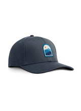 Sutsu Blue Mountain Ranger Cap - a petrol blue baseball cap made from eco-ethical fabric with sun and mountain range logo.
