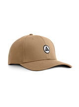 Sutsu Mountain Circle Ranger Cap - sand beige cap on white background - eco-friendly headwear with circle, triangle and tree logo.