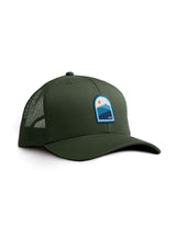 Sutsu Blue Mountain Trucker Cap in green - an ethically made baseball cap with mountains and sun design.