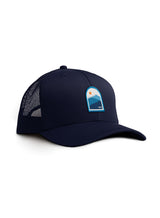 Sutsu Blue Mountain Trucker Cap in navy - ethically made baseball caps with mountains and sun badge.