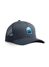 Sutsu Blue Mountain Trucker Cap in petrol grey - ethically made baseball caps with mountains and sun badge.