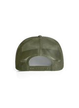 Back view of an army green Sutsu baseball - recycled polyester mesh material with plastic adjustable snapback.