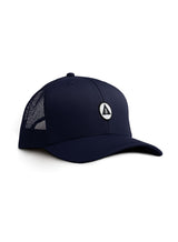 Sutsu Mountain Circle Trucker Cap - navy blue - sustainable designer baseball caps with circle, triangle and tree badge.