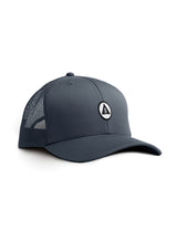Petrol grey Sutsu Mountain Circle Trucker Cap - a designer baseball cap with circle, triangle and tree badge.