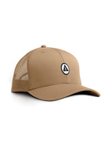Sand brown Sutsu Mountain Circle Trucker Cap - a designer baseball cap with circle, triangle and tree badge.