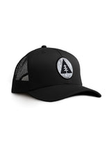 Sutsu Mountain Circle Topography Trucker Cap - a black cap with circle, triangle, tree and contour lines graphic.