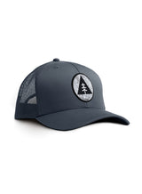 Sutsu Mountain Circle Topography Trucker Cap - a petrol grey cap with circle, triangle, tree and contour lines graphic.