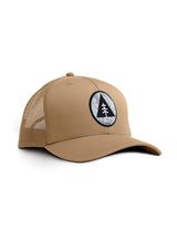 Sutsu Mountain Circle Topography Trucker Cap - sand brown caps with circle, triangle, tree and contour lines graphic.