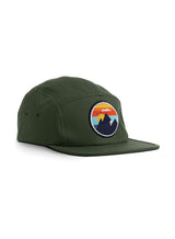 Mountains & All 5 Panel Cap - green - Sutsu sustainable cotton baseball cap with mountain, sky, birds and cloud badge.