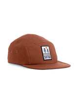 Trees & Water 5 Panel Cap - terracotta brown - Sutsu sustainable cotton baseball cap with trees and sun badge.