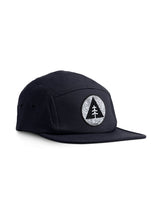 Mountain Circle Topography 5 Panel Cap - black cap on white background - with circle, triangle, tree and contour lines badge.