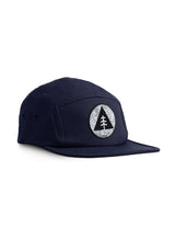 Sutsu Mountain Circle Topography 5 Panel Cap in navy - eco-friendly headwear with circle, triangle and tree design.