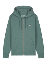 Sutsu Wylder Woven Badge Zip Hoodie - a bay green organic cotton hoodie with embroidered sun and trees triangular badge logo.