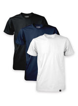 3 Sutsu Long Haul 175gsm t-shirts (white, navy and black) - organic cotton crewneck tees with subtle hem tag branding sold in packs.