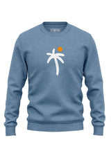 Heather blue Sutsu Palm Trees Slim Fit Sweatshirt - organic cotton graphic sweatshirts with a palm tree and sun design.