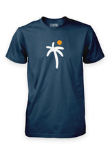 Denim blue Sutsu Palm Tree T-Shirt - organic cotton shirts with printed palm tree and sun graphic.