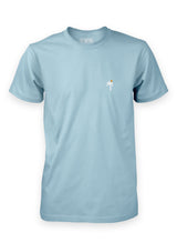 Sutsu Palm Tree EMB T-Shirt - a pale blue graphic t-shirt with small embroidered palm tree and sun logo.