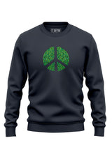 A dark grey Sutsu Peace Out Sweatshirt - organic cotton, graphic sweatshirts with peace symbol and green leaf design.