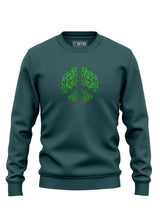 Dark green Sutsu Peace Out Sweatshirt - organic cotton, graphic sweatshirts with peace symbol and green leaves design.