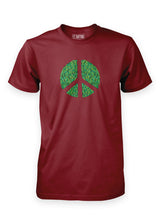 Burgundy Sutsu Peace Out T-Shirt  - organic cotton, graphic t-shirts with peace symbol and green leaves design.
