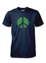 A navy Sutsu Peace Out T-Shirt  - an organic cotton, graphic tee with peace symbol and green leaves design.