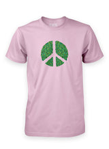 A pink Sutsu Peace Out T-Shirt  - an organic cotton, graphic tee with peace symbol and green leaves design.