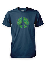 Denim blue Sutsu Peace Out T-Shirt  - organic cotton, graphic t-shirts with peace symbol and green leaves design.
