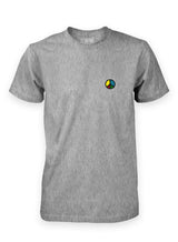 A heather grey Sutsu Simon Says Peace EMB T-Shirt - an organic cotton shirt with embroidered multi-colour peace symbol.