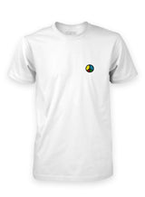 A white Sutsu Simon Says Peace EMB T-Shirt - an organic cotton shirt with embroidered multi-colour peace symbol.