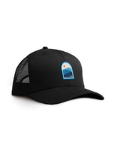 Sutsu Blue Mountain Trucker Cap in black - an ethically made baseball cap with mountains and sun design.
