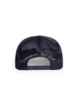 Back view of an navy blue Sutsu baseball - recycled polyester mesh material with plastic adjustable snapback.